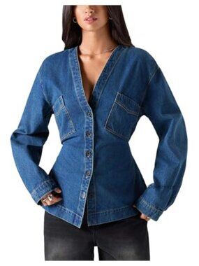 V Neck Button Down Denim Jacket Long Sleeve Streetwear Coat